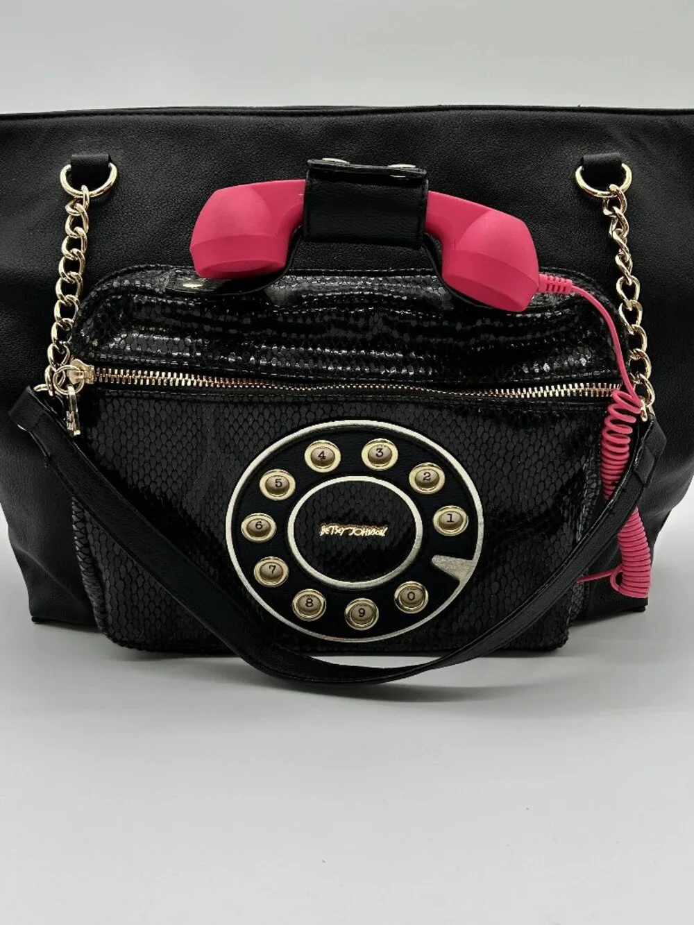 Betsey Johnson Hold Please Telephone Tote Bag - Black Snake Embossed Kitsch